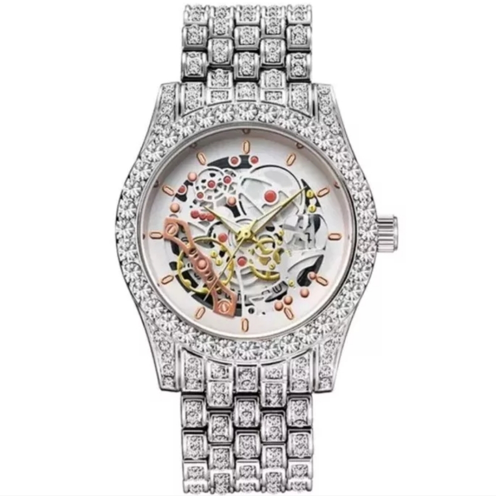 Mens Luxury Skeleton Style Date Display Simulated Diamond Quartz Movement Watch